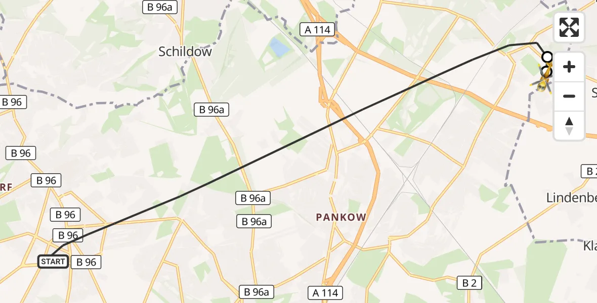 Flugroute Rettungshubschrauber Berlin - Helios Clinic Berlin-Buch, 11 Oktober 2026, 13:31