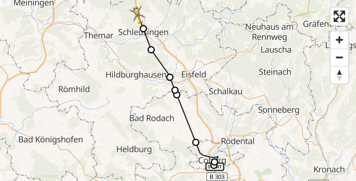 Flugroute Rettungshubschrauber Regiomed Hospital Coburg - Schleusingen, 11 Oktober 2026, 13:38