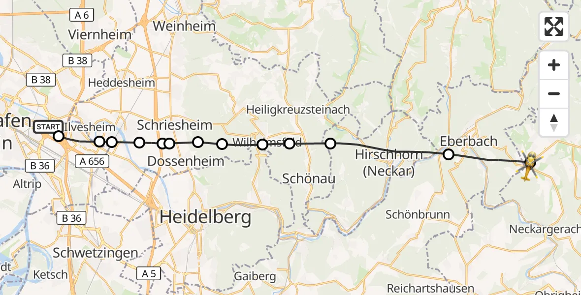 Flugroute Rettungshubschrauber Mannheim-City Flughafen - Waldbrunn, 11 Oktober 2026, 13:38