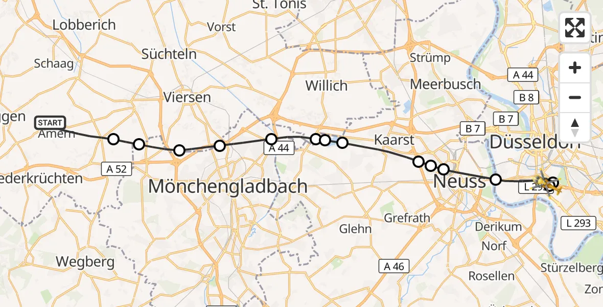 Flugroute Rettungshubschrauber Schwalmtal - Düsseldorf University Hospital, 11 Oktober 2026, 13:45