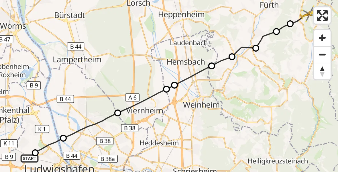 Flugroute Rettungshubschrauber Ludwigshafen Accident Hospital - Grasellenbach, 11 Oktober 2026, 14:00