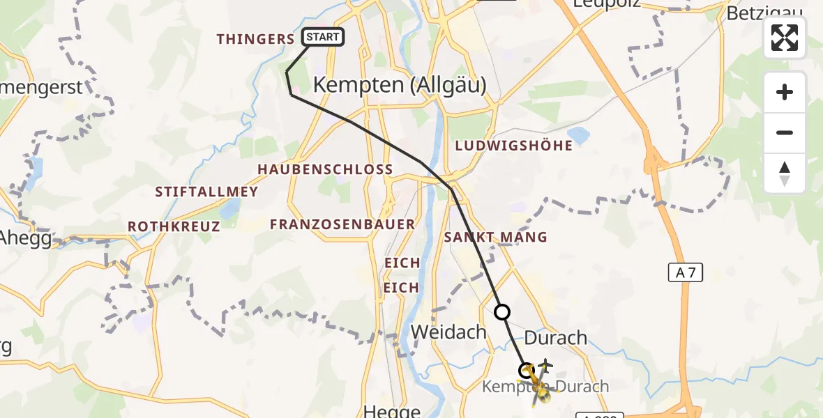 Flugroute Rettungshubschrauber Kempten (Allgäu) - Kempten-Durach Flugplatz, 11 Oktober 2026, 14:08