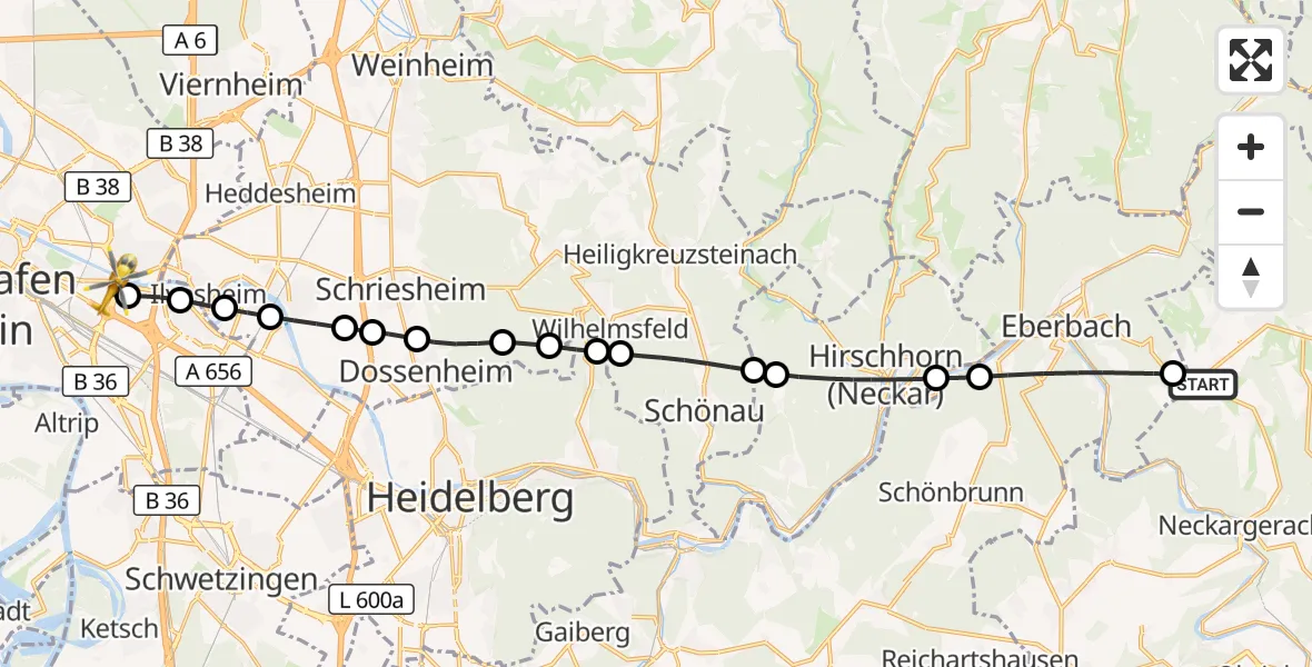 Flugroute Rettungshubschrauber Waldbrunn - Mannheim-City Flughafen, 11 Oktober 2026, 14:13