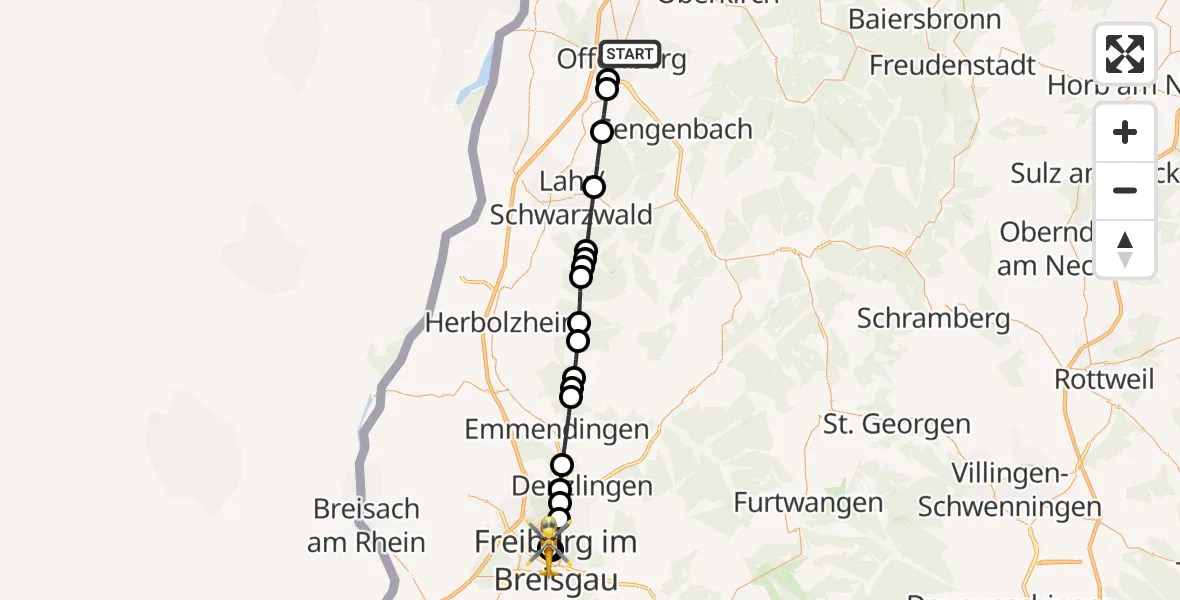 Flugroute Rettungshubschrauber Offenburg - Freiburg University Hospital Heliport 1, 11 Oktober 2026, 14:15