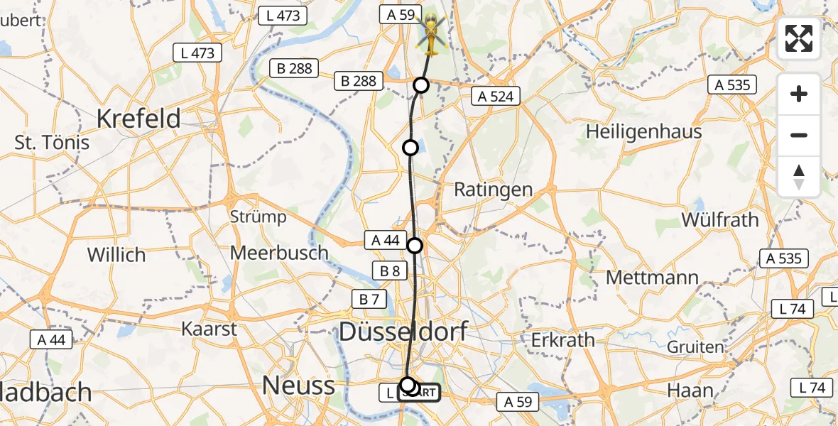 Flugroute Rettungshubschrauber Düsseldorf University Hospital - Duisburg, 11 Oktober 2026, 14:27