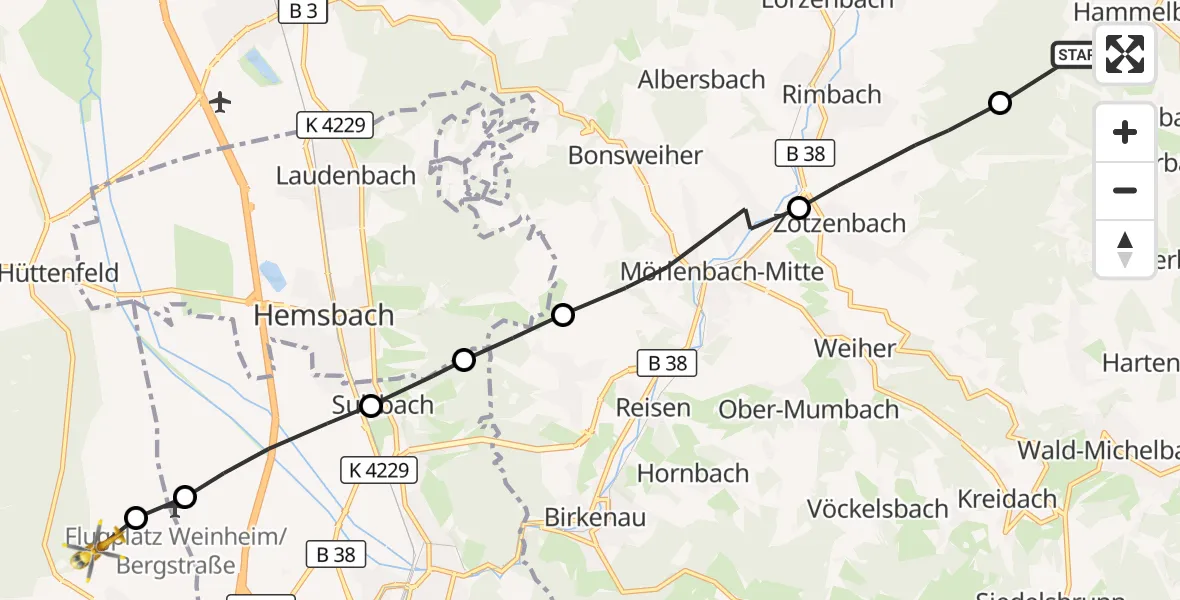Flugroute Rettungshubschrauber Grasellenbach - Viernheim, 11 Oktober 2026, 14:29
