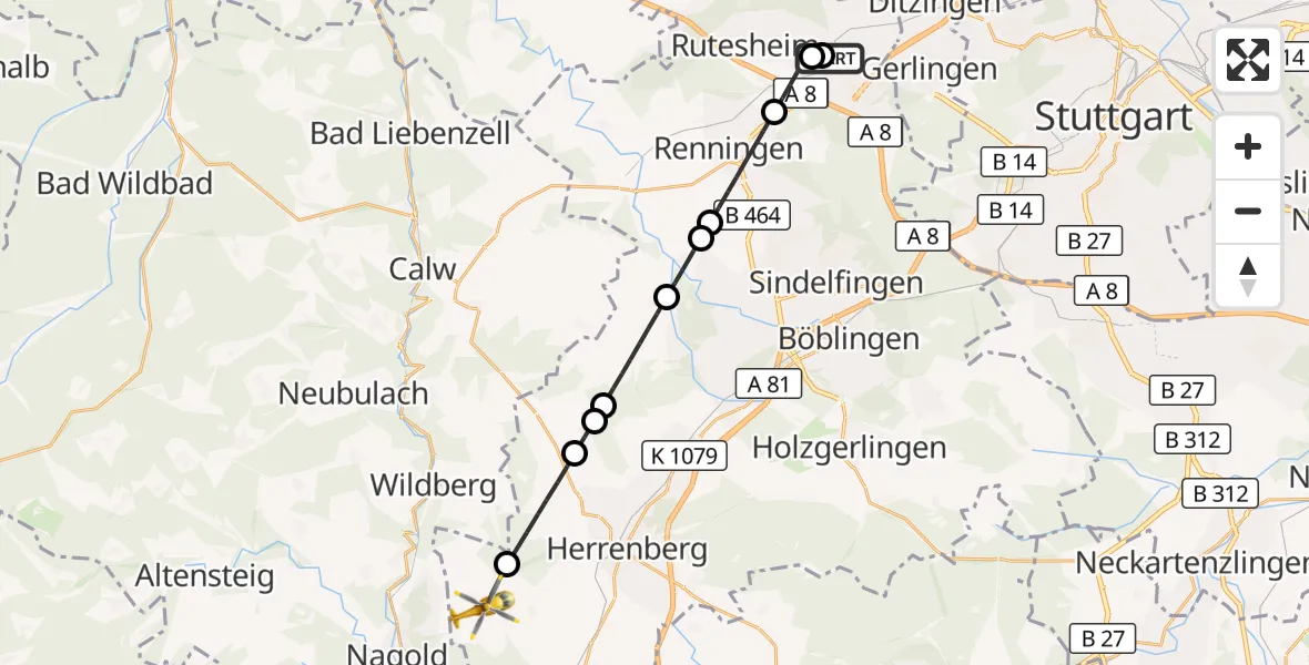 Flugroute Rettungshubschrauber Leonberg Hospital - Jettingen, 11 Oktober 2026, 14:59