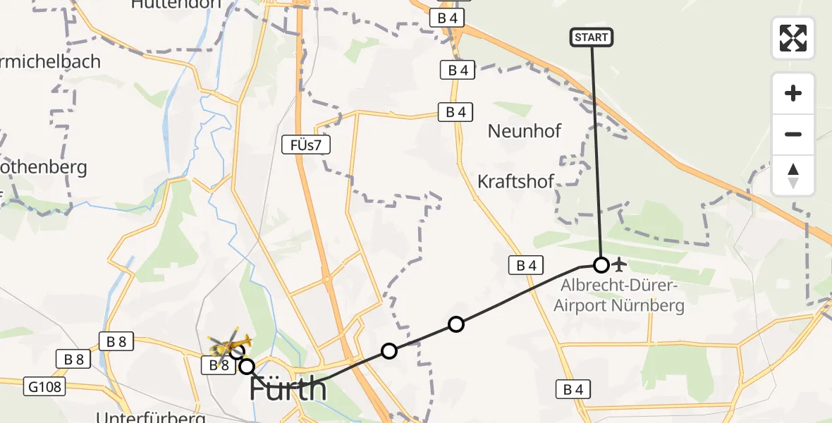 Flugroute Rettungshubschrauber Neunhofer Forst - Fürth Hospital, 11 Oktober 2026, 15:11