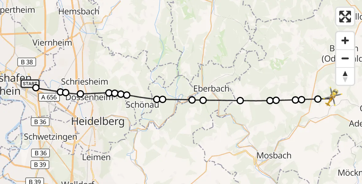 Flugroute Rettungshubschrauber Mannheim-City Flughafen - Seckach, 11 Oktober 2026, 15:37