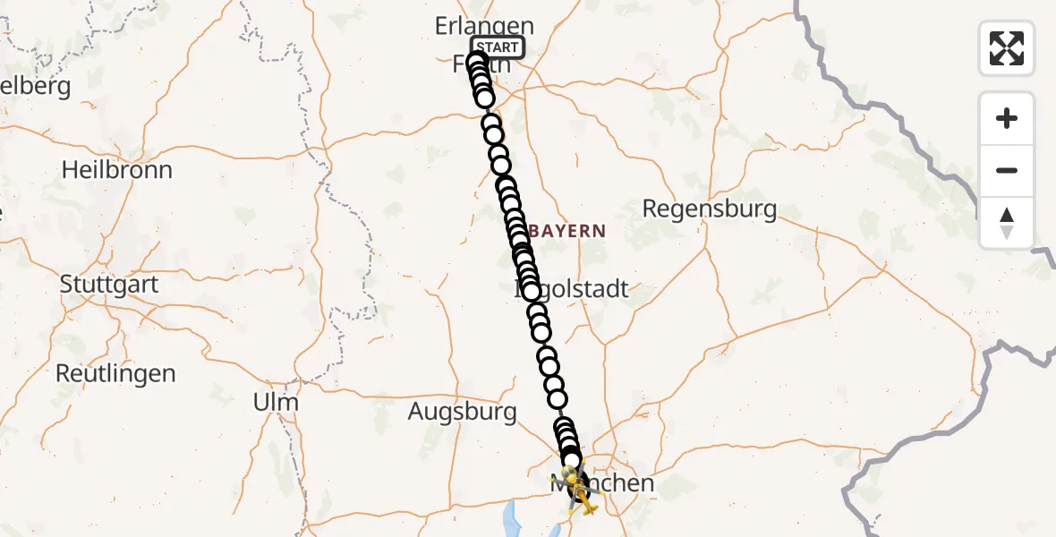 Flugroute Rettungshubschrauber Neunhofer Forst - DRF Air Rescue München Hubschrauberlandeplatz, 11 Oktober 2026, 15:41