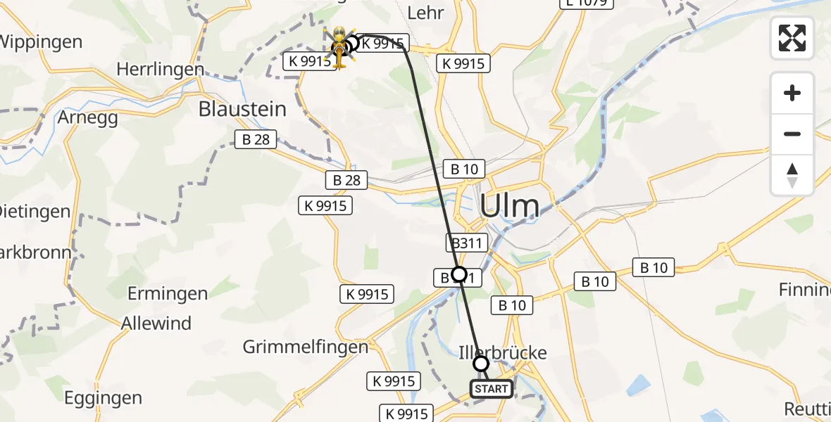 Flugroute Rettungshubschrauber Ulm - ADAC Air Rescue Station Ulm (Christoph 22), 11 Oktober 2026, 15:48