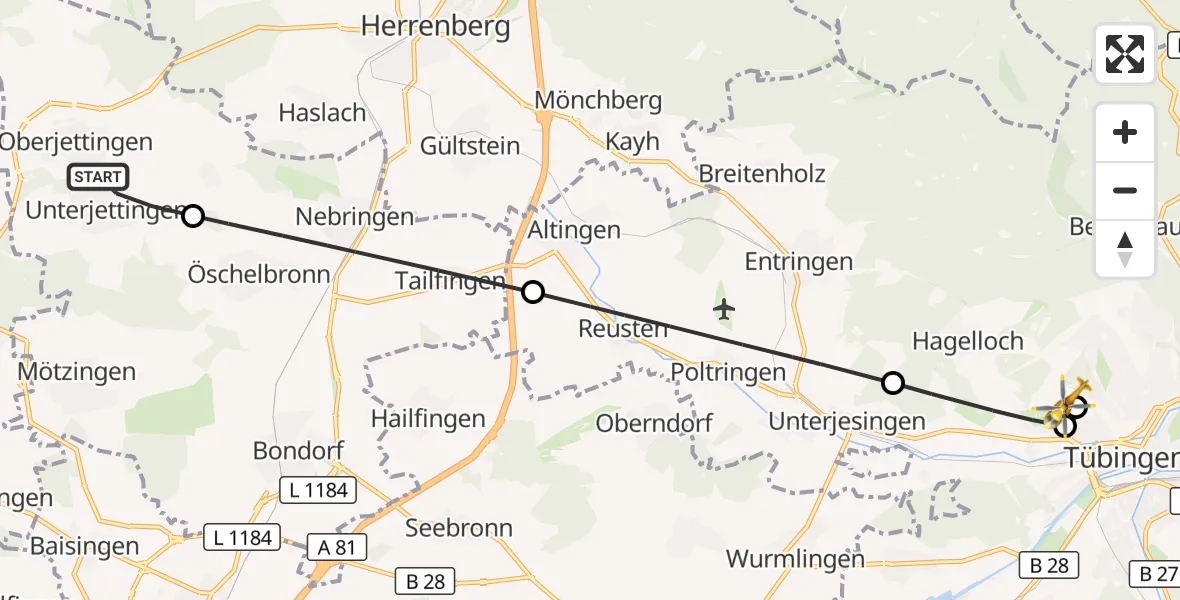 Flugroute Rettungshubschrauber Jettingen - Tübingen University Hospital, 11 Oktober 2026, 15:49