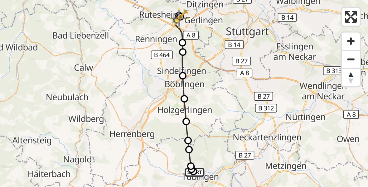 Flugroute Rettungshubschrauber Tübingen University Hospital - Leonberg Hospital, 11 Oktober 2026, 16:21