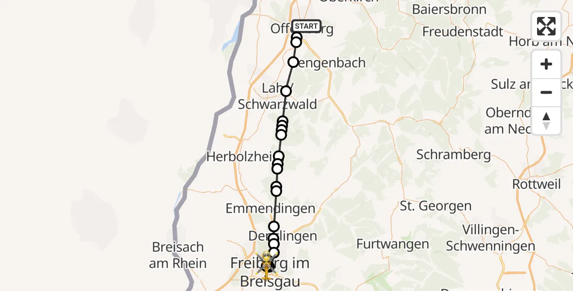 Flugroute Rettungshubschrauber Offenburg - Freiburg University Hospital Heliport 1, 11 Oktober 2026, 16:35