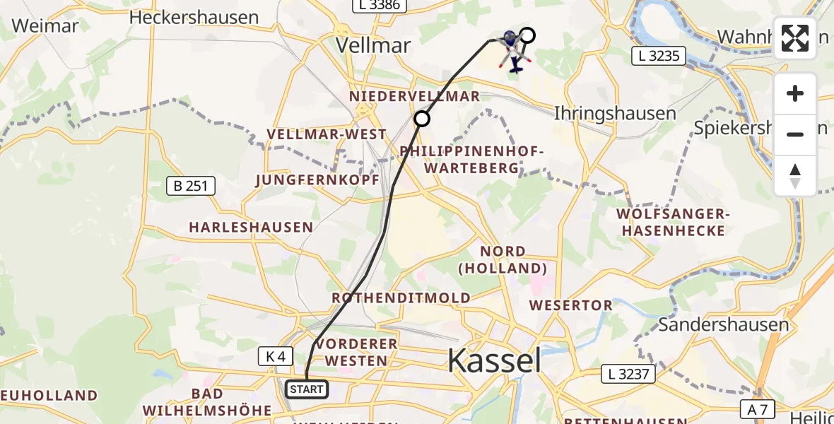 Flugroute Polizeihubschrauber Kassel - Fuldatal Bundespolizei Hubschrauberlandeplatz, 11 Oktober 2026, 16:38