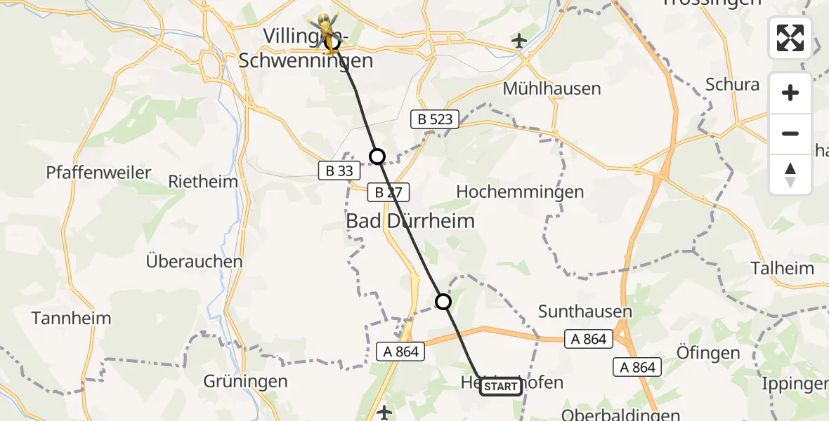 Flugroute Ambulanzhubschrauber Donaueschingen - DRF Air Rescue Station Villingen-Schwenningen Hubschrauberlandeplatz (Christoph 11), 11 Oktober 2026, 16:40