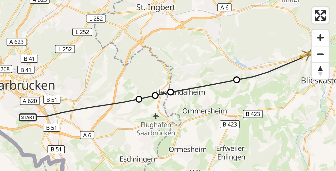 Flugroute Rettungshubschrauber Saarbrücken - Blieskastel, 11 Oktober 2026, 16:40
