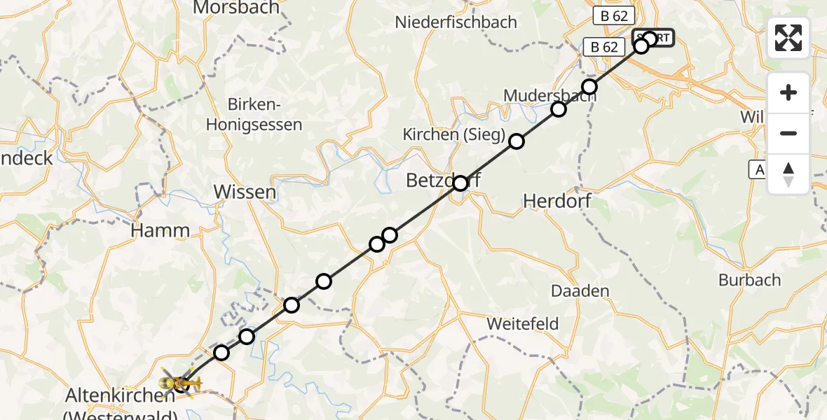 Flugroute Rettungshubschrauber Evangelisches Jung-Stilling Hospital - Sörth, 11 Oktober 2026, 16:47