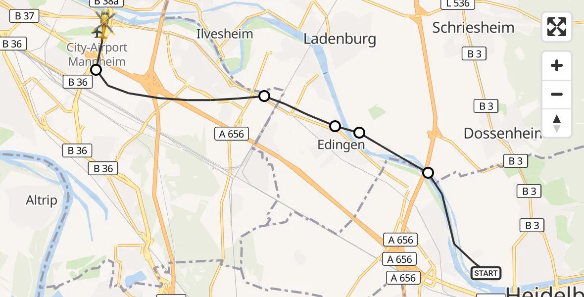 Flugroute Rettungshubschrauber Heidelberg - Mannheim-City Flughafen, 11 Oktober 2026, 17:05