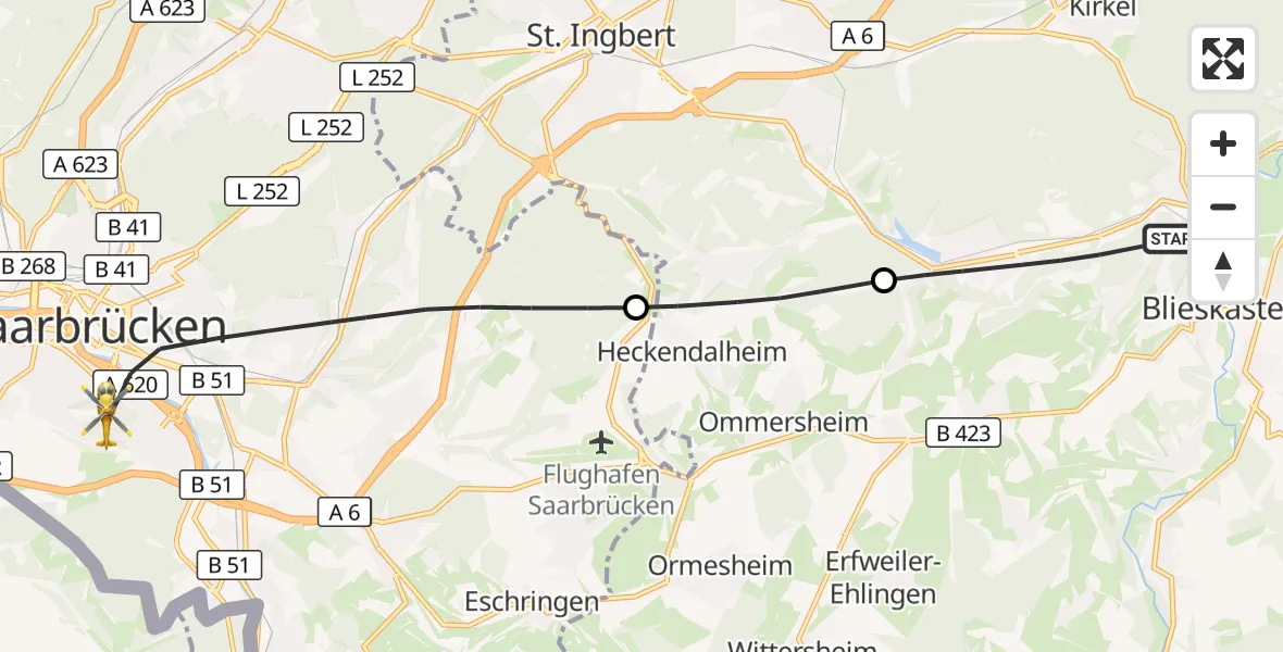 Flugroute Rettungshubschrauber Blieskastel - Saarbrücken, 11 Oktober 2026, 17:09