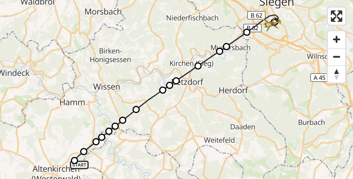 Flugroute Rettungshubschrauber Sörth - Evangelisches Jung-Stilling Hospital, 11 Oktober 2026, 17:35