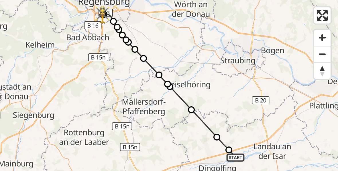 Flugroute Rettungshubschrauber Gottfrieding - DRF Air Rescue Station Regensburg / Regensburg University Hospital, 11 Oktober 2026, 18:33