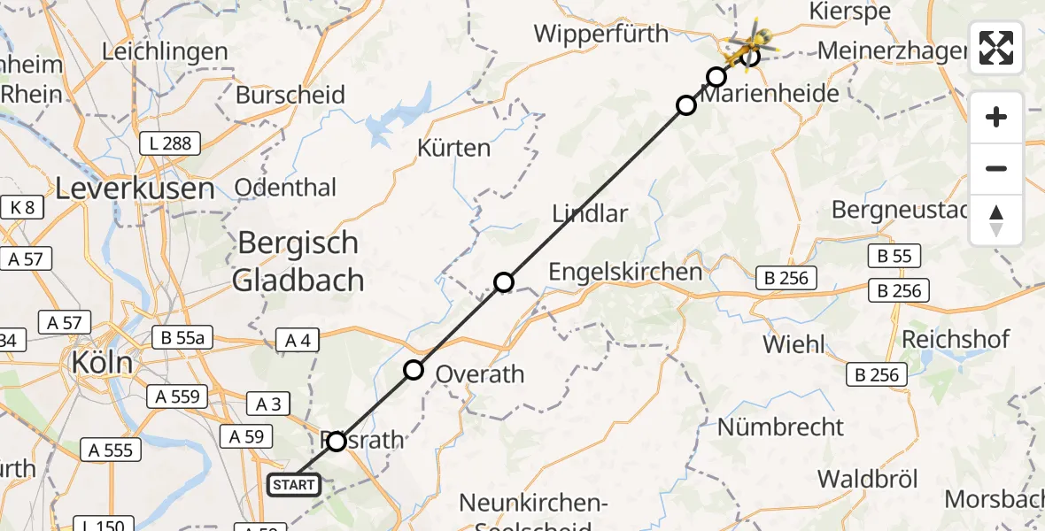 Flugroute Ambulanzhubschrauber Köln Bonn Flughafen - Kierspe, 11 Oktober 2026, 18:51