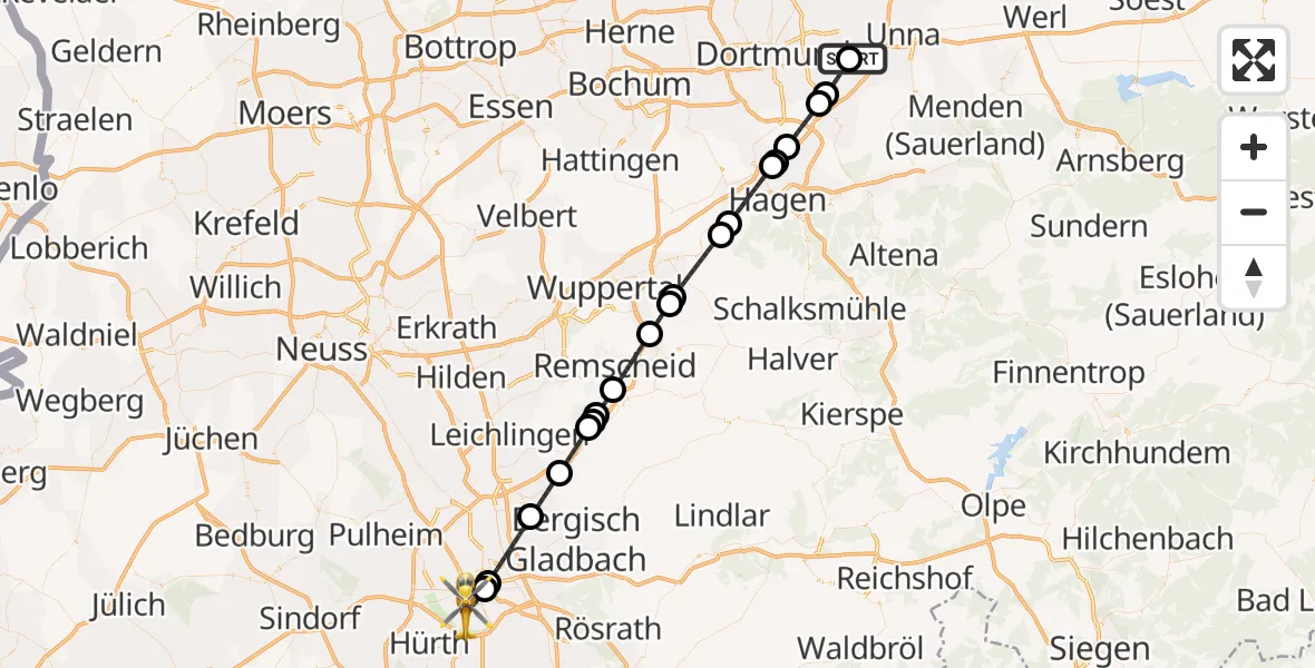 Flugroute Rettungshubschrauber Dortmund Flughafen - Köln, 11 Oktober 2026, 19:16
