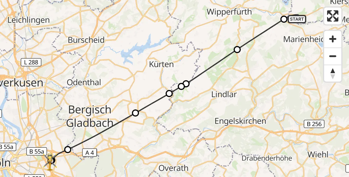 Flugroute Ambulanzhubschrauber Kierspe - Merheim Hospital, 11 Oktober 2026, 19:32