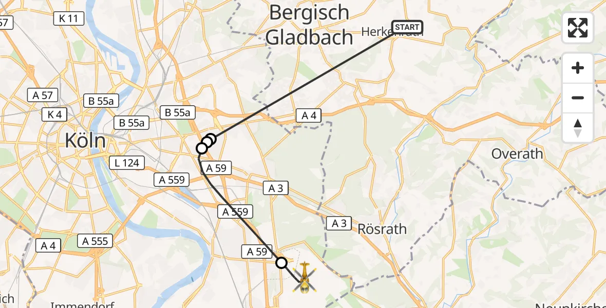 Flugroute Ambulanzhubschrauber Bergisch Gladbach - Köln Bonn Flughafen, 11 Oktober 2026, 20:12