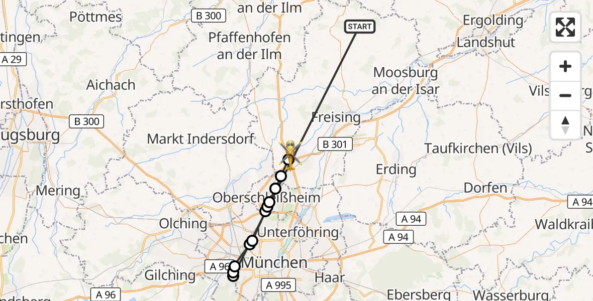 Flugroute Rettungshubschrauber Rudelzhausen - Neufahrn b.Freising, 11 Oktober 2026, 20:37