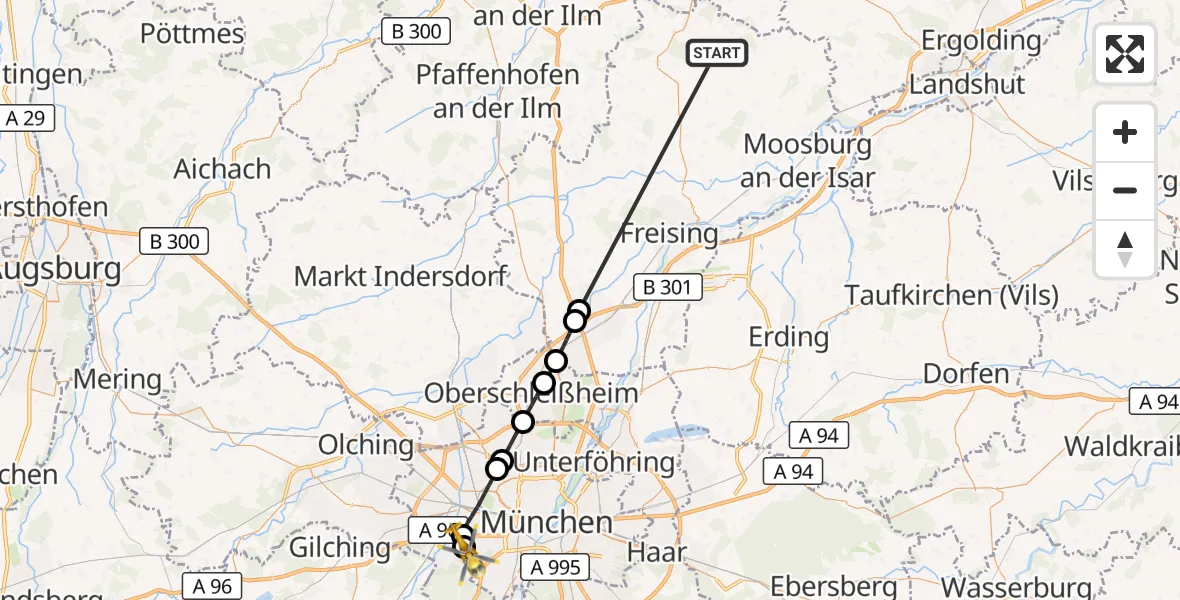 Flugroute Rettungshubschrauber Rudelzhausen - DRF Air Rescue München Hubschrauberlandeplatz, 11 Oktober 2026, 21:09