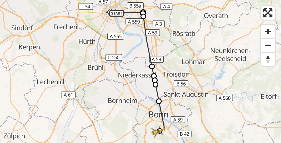 Flugroute Rettungshubschrauber Köln - Bonn University Hospital, 11 Oktober 2026, 21:17