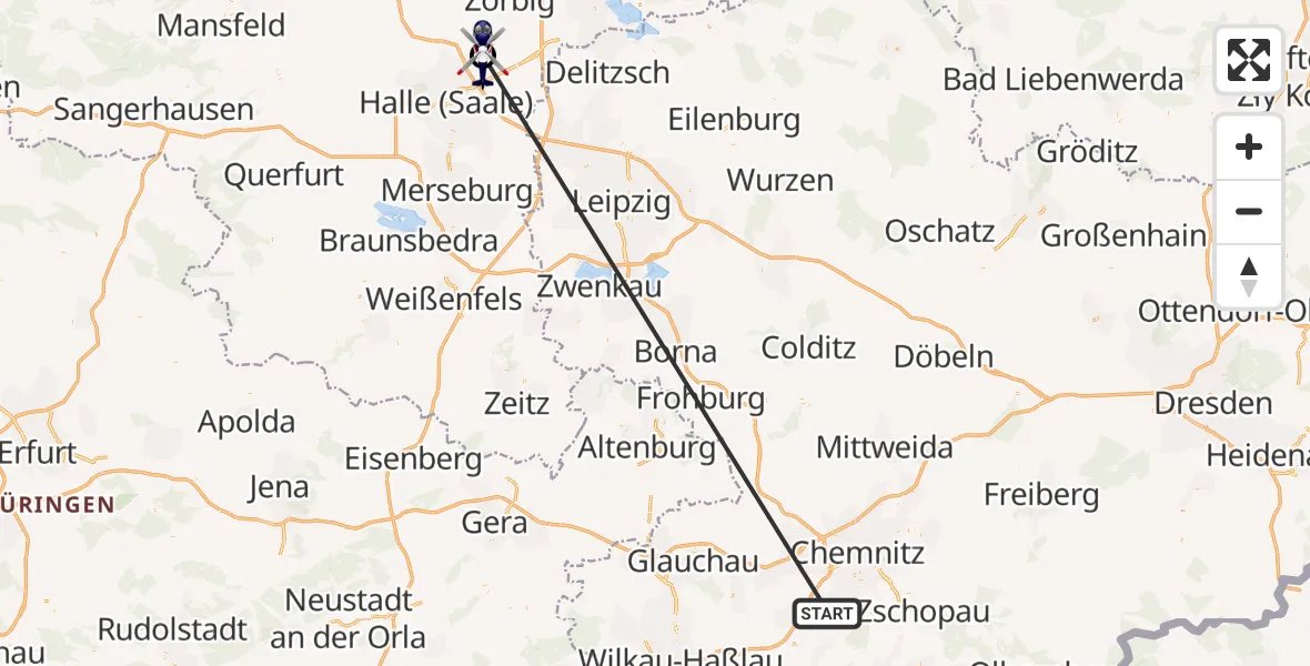 Flugroute Polizeihubschrauber Jahnsdorf/Erzgeb. - Halle-Oppin Flugplatz, 11 Oktober 2026, 21:30