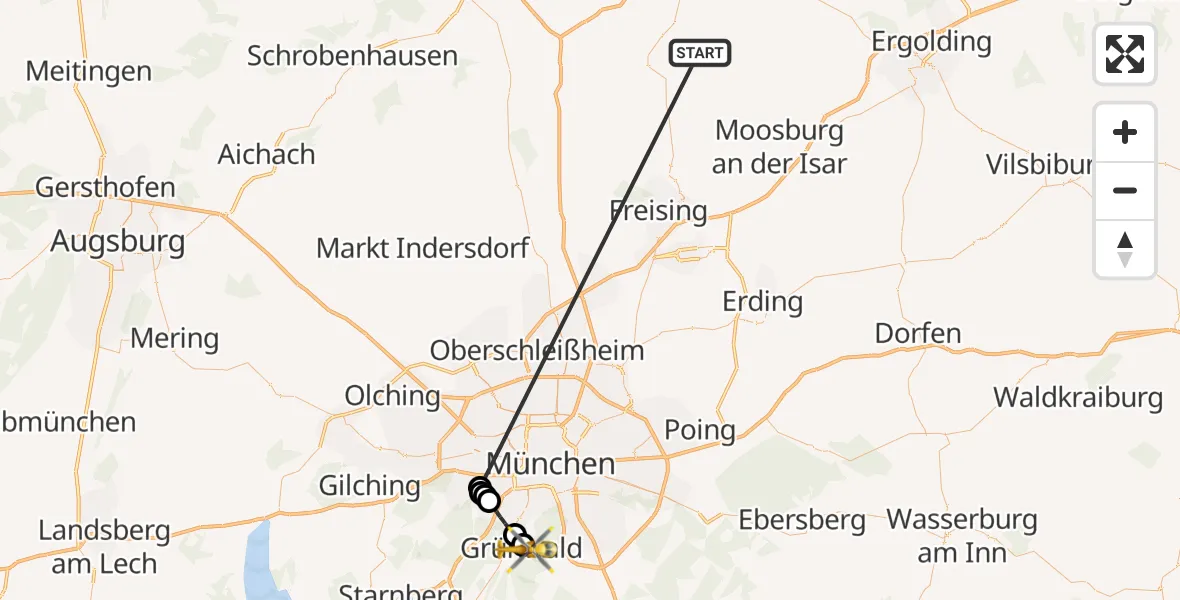 Flugroute Rettungshubschrauber Rudelzhausen - Grünwald, 11 Oktober 2026, 22:29