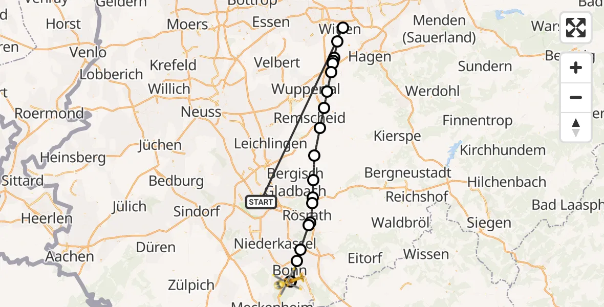 Flugroute Rettungshubschrauber Köln - Bonn University Hospital, 12 Oktober 2026, 01:05