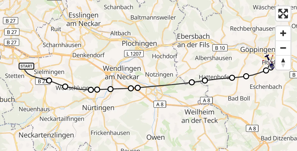 Flugroute Polizeihubschrauber Flughafen Stuttgart - Göppingen, 12 Oktober 2026, 04:58