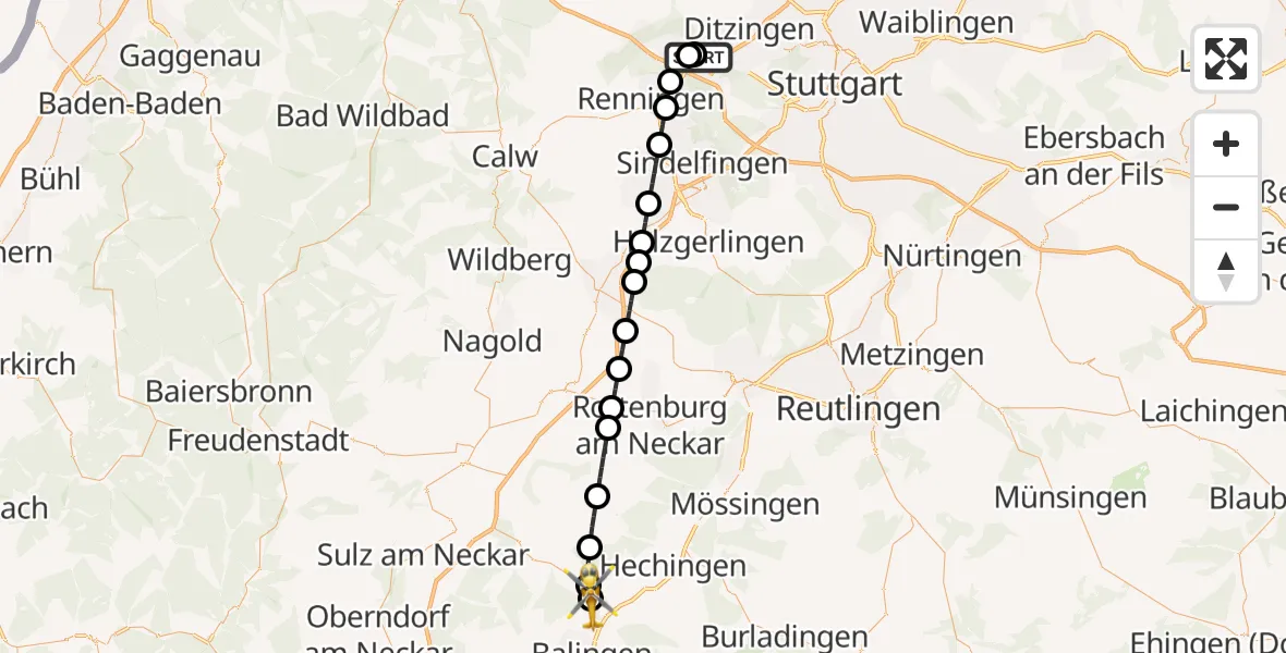 Flugroute Rettungshubschrauber Leonberg Hospital - Haigerloch, 12 Oktober 2026, 05:18