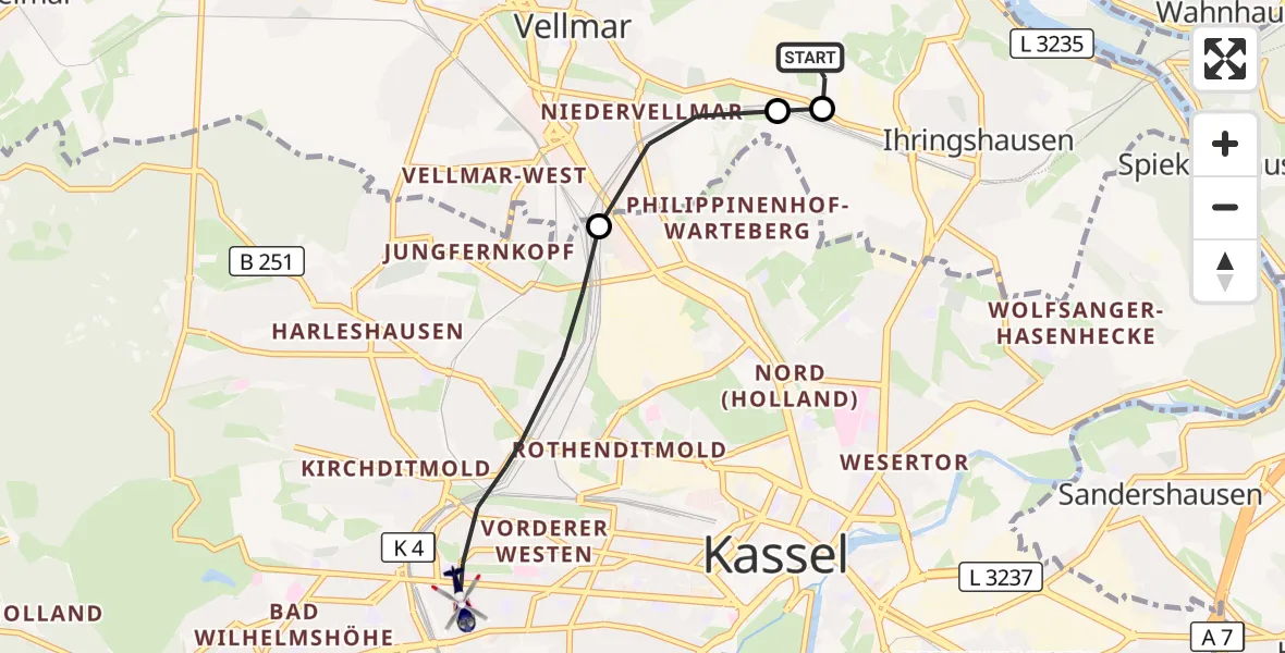 Flugroute Polizeihubschrauber Fuldatal Bundespolizei Hubschrauberlandeplatz - Kassel, 12 Oktober 2026, 05:41