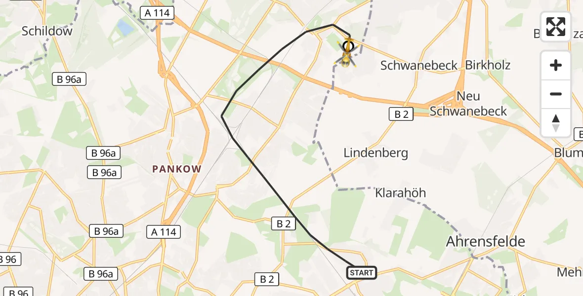 Flugroute Rettungshubschrauber Berlin - Helios Clinic Berlin-Buch, 12 Oktober 2026, 05:51