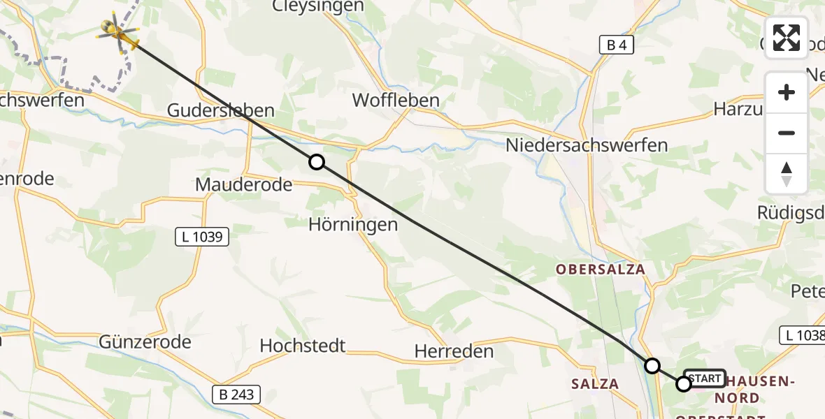 Flugroute Rettungshubschrauber Südharz Hospital Nordhausen - Walkenried, 12 Oktober 2026, 06:09