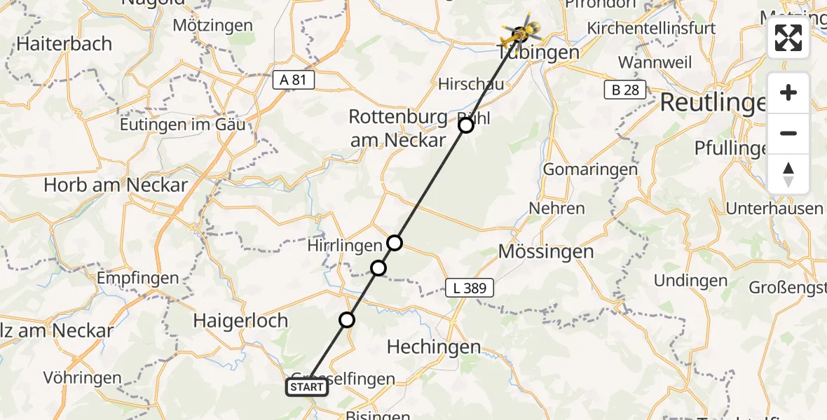 Flugroute Rettungshubschrauber Grosselfingen - Tübingen University Hospital, 12 Oktober 2026, 06:23