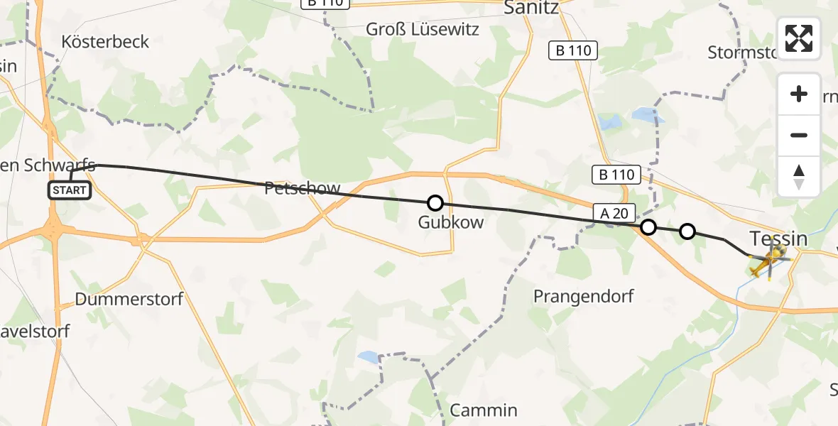 Flugroute Ambulanzhubschrauber Dummerstorf - Tessin, 12 Oktober 2026, 06:40