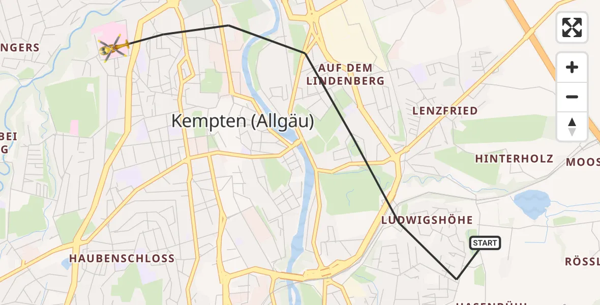Flugroute Rettungshubschrauber Kempten (Allgäu) - Kempten (Allgäu), 12 Oktober 2026, 06:52
