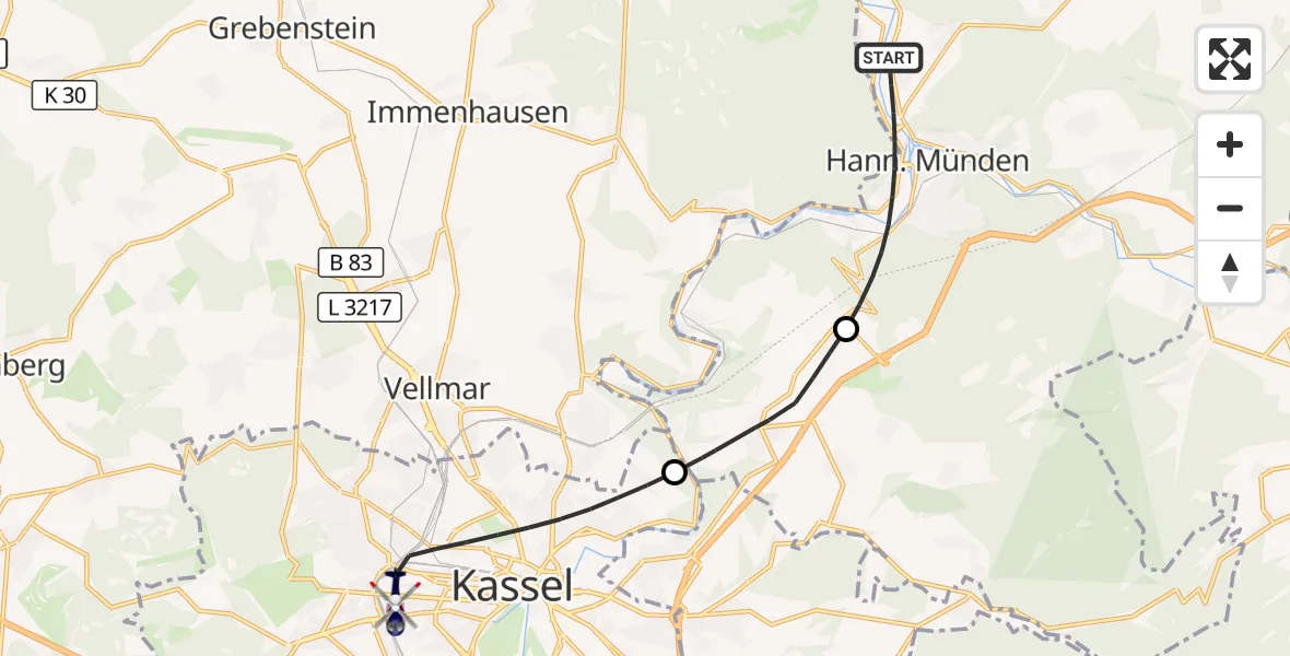 Flugroute Polizeihubschrauber Hann.Münden - Kassel, 12 Oktober 2026, 07:00