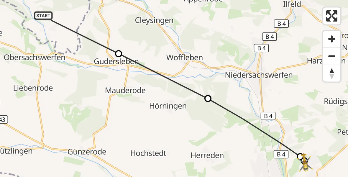 Flugroute Rettungshubschrauber Walkenried - Südharz Hospital Nordhausen, 12 Oktober 2026, 07:11