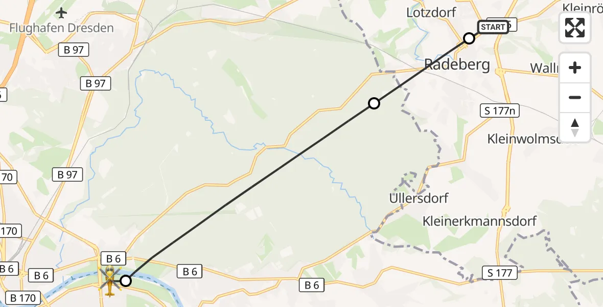 Flugroute Rettungshubschrauber Asklepios ASB Hospital Radeberg - Dresden Elbwiesen Hubschrauberlandeplatz, 12 Oktober 2026, 07:16