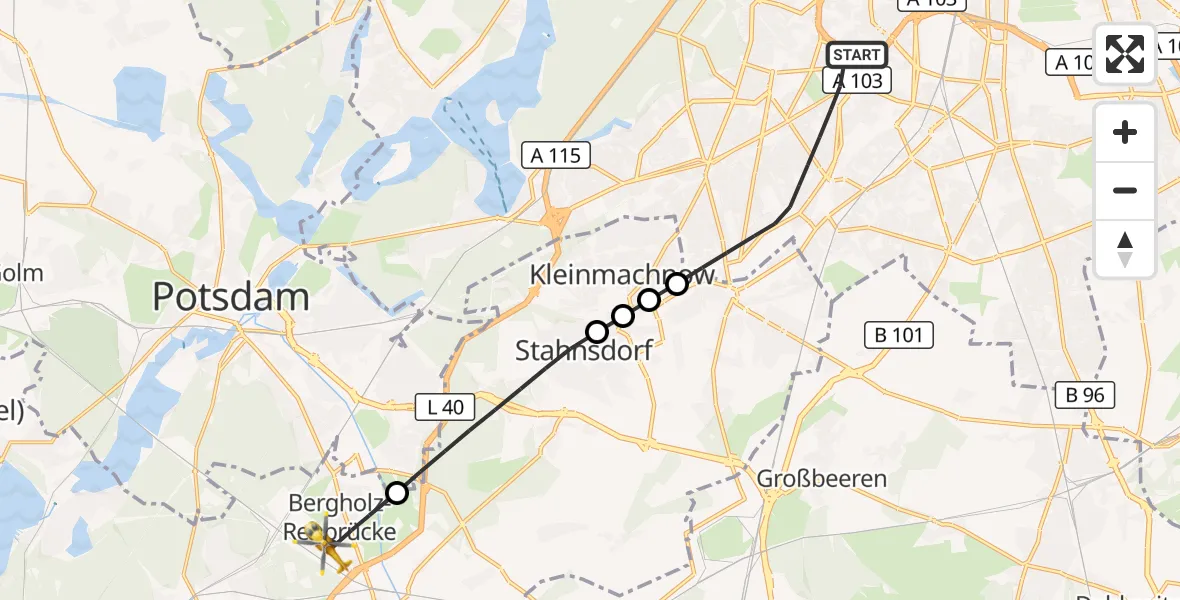 Flugroute Rettungshubschrauber Berlin - Nuthetal, 12 Oktober 2026, 07:27