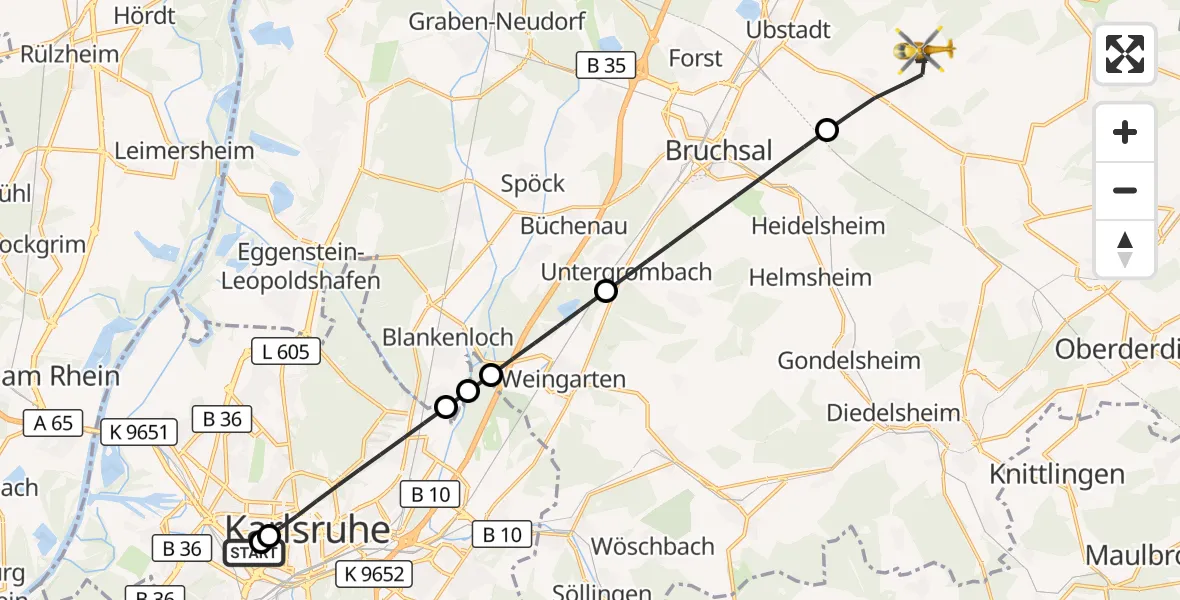 Flugroute Ambulanzhubschrauber Sankt Vincentius Hospital - Kraichtal, 12 Oktober 2026, 07:34
