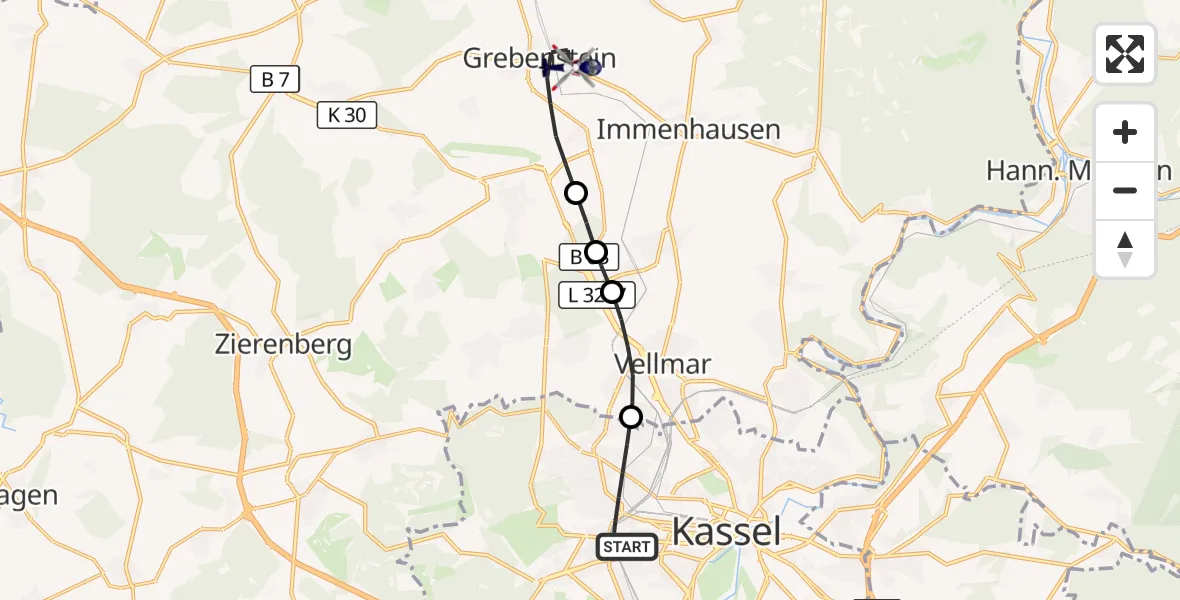 Flugroute Polizeihubschrauber Kassel - Grebenstein, 12 Oktober 2026, 07:38